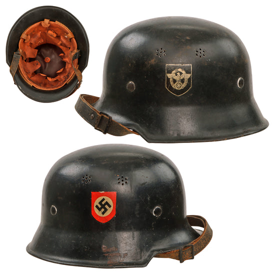 Original German WWII M34 Square Dip NSDAP Double Decal Civic Police Steel Helmet with 56cm Liner and Chinstrap - Ordnungspolizei