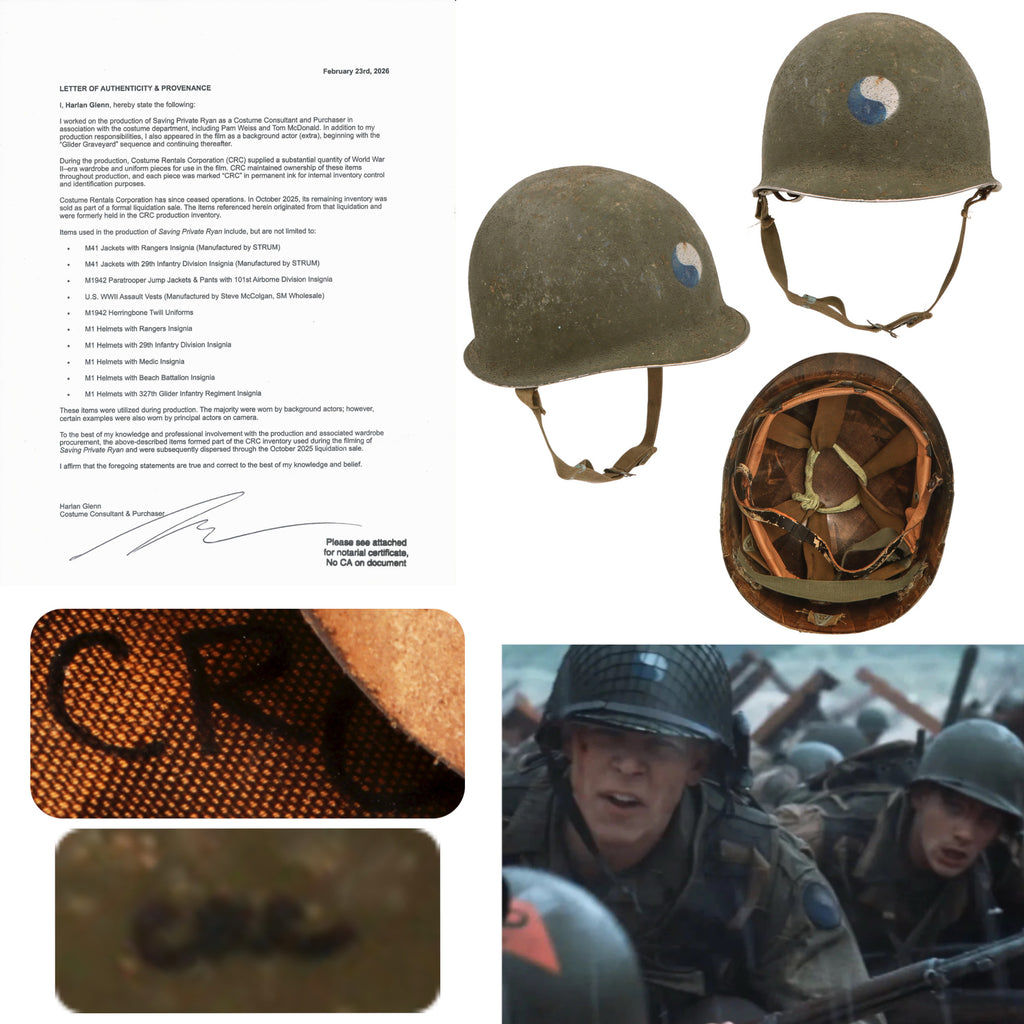 Original U.S. M1 Helmet Used in Steven Spielberg’s Saving Private Ryan with 29th Infantry Division Insignia and Copy of Notarized Letter of Authenticity