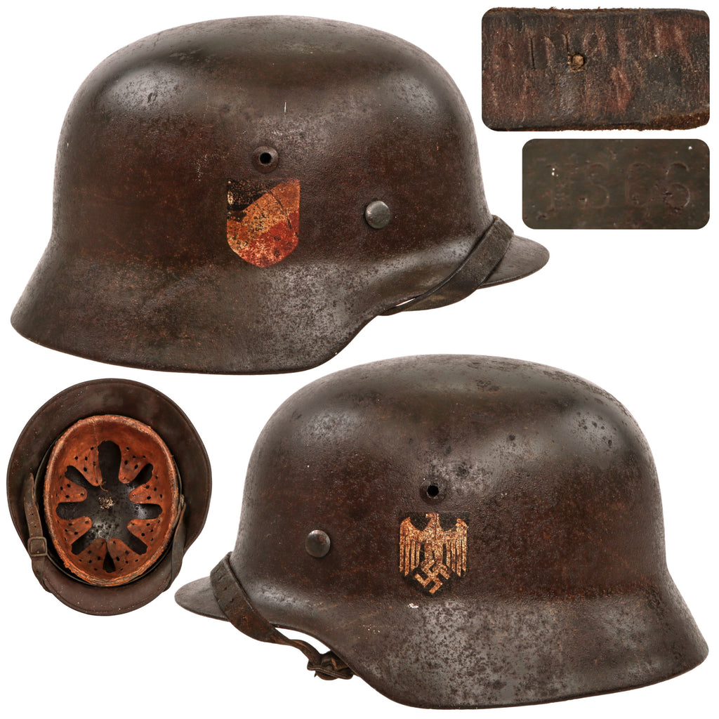 Original German WWII Heer Army Double Decal M35 Steel Helmet with 1940 Dated 58cm Liner and Chinstrap, Stamped NS66