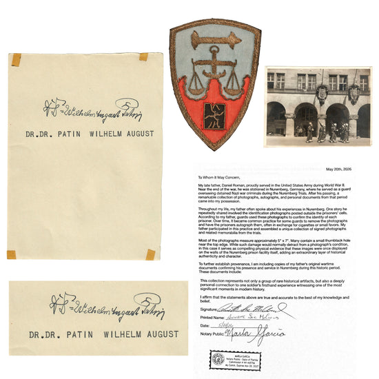 Original Nuremberg Trials Signature of SS Security Office Catholic Advisor Dr. Wilhelm August Patin Acquired Directly from a U.S. Army Guard Who Served at the Nuremberg Prison, 1945-1946