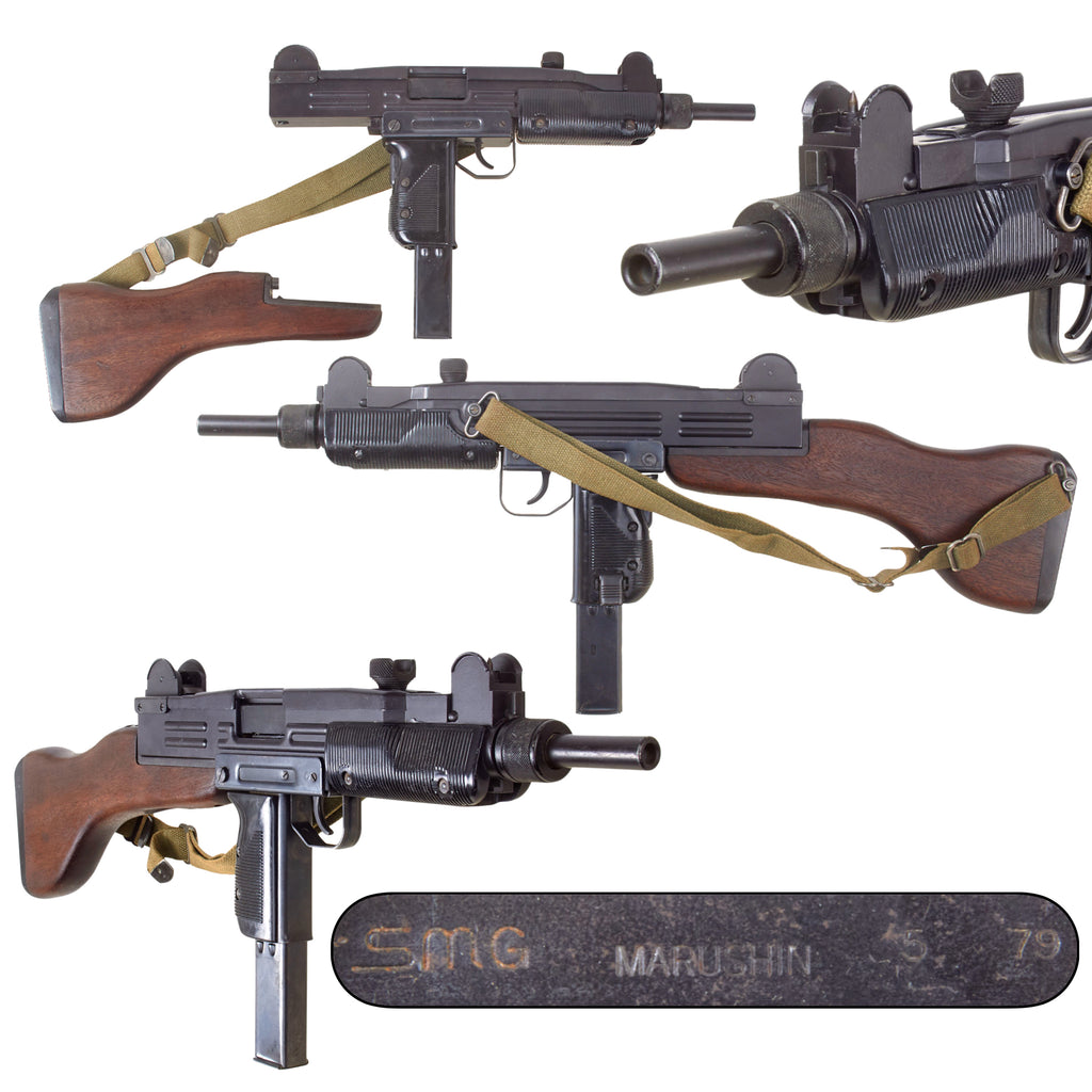 Original Film Prop Cap Plug Firing IMI UZI by Marushin Japan with Magazine and Removable Wooden Stock - Dated May 1979