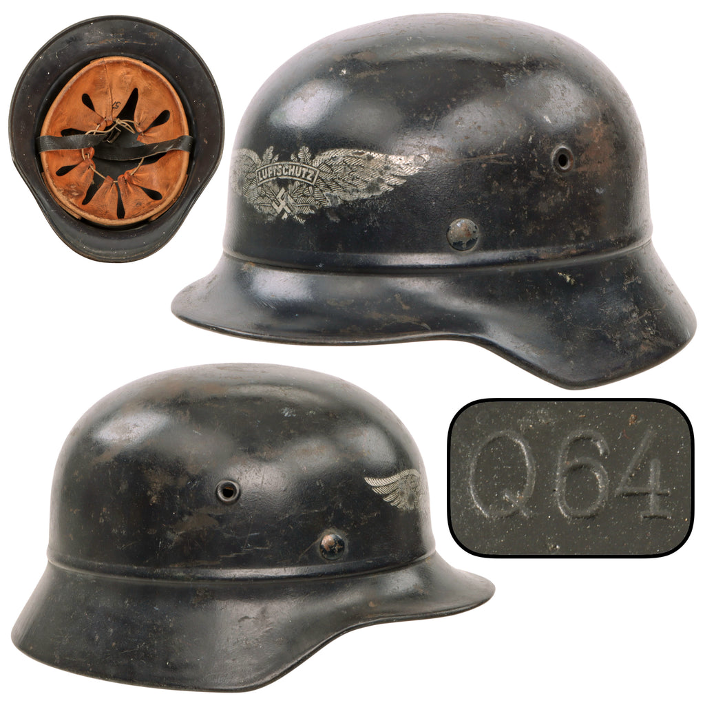 Original German WWII Luftschutz Civil Air Defense Beaded M40 Steel Helmet with 57cm Liner and Partial Chinstrap, Stamped Q64