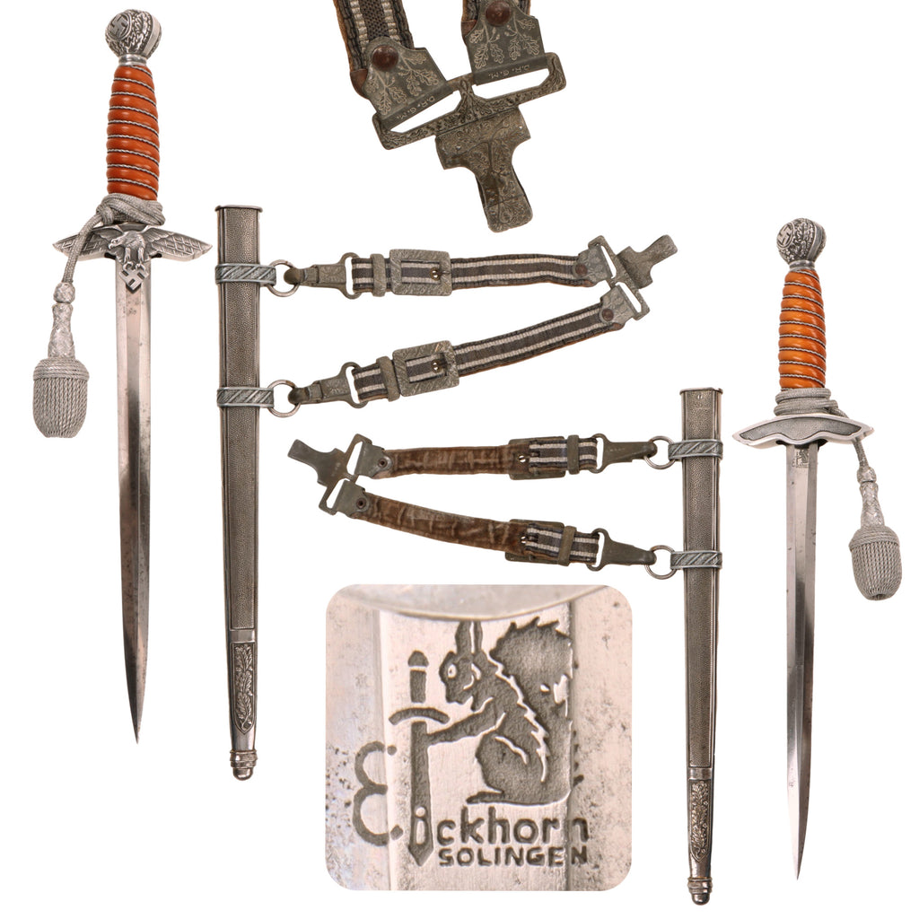 Original German WWII Luftwaffe 2nd Model Dagger by Carl Eickhorn of Solingen with Scabbard, Belt Hanger, and Portepee Original Items