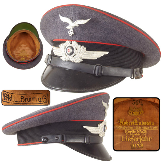 Original German WWII Luftwaffe Flak Artillery EM/NCO Schirmmütze Visor Cap by ERELwith Depot Marking, Dated 1938, Size 56 1/2