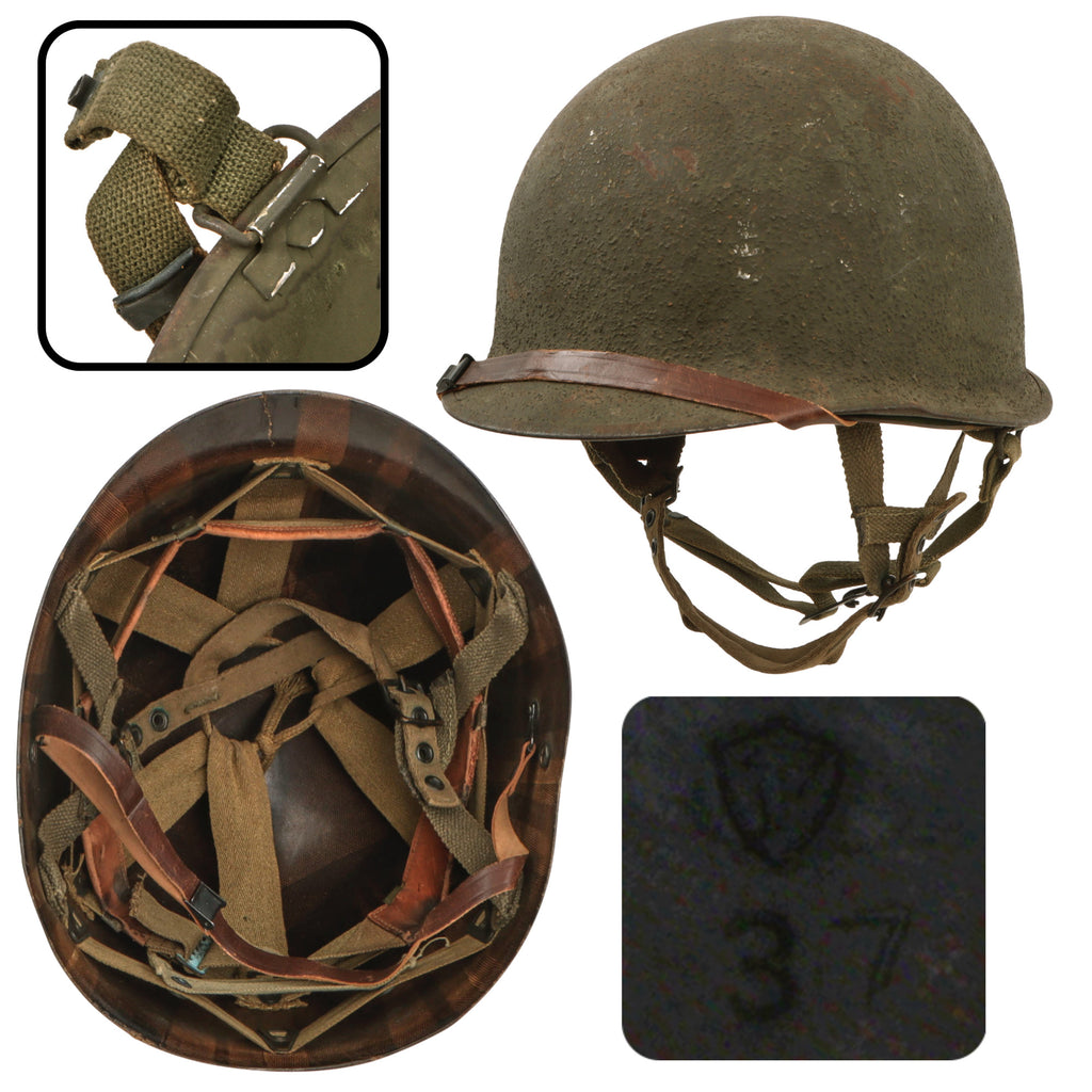 Original U.S. WWII M1-C Paratrooper Rear Seam Swivel Bale Helmet with Jump Liner by Firestone