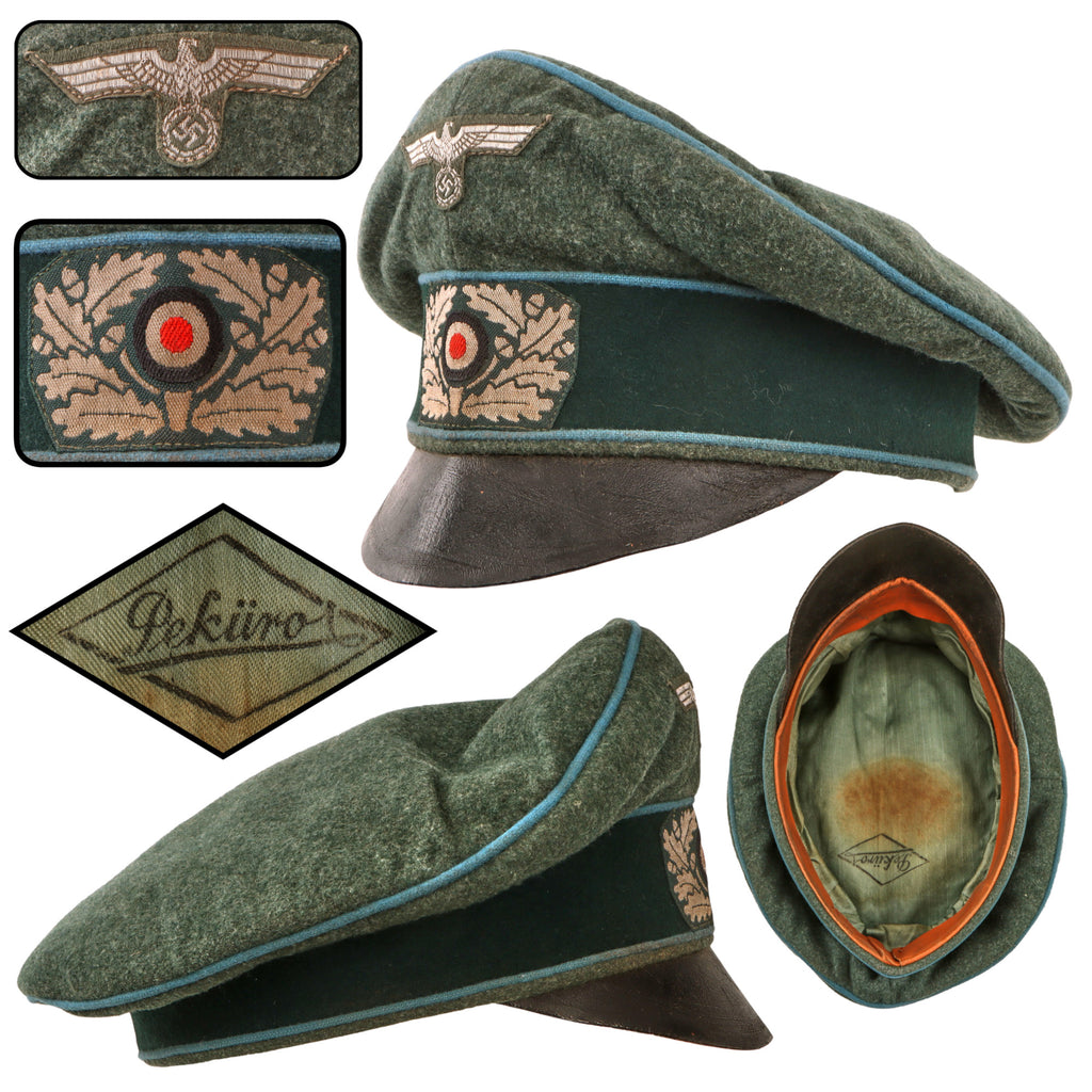 Original German WWII Heer Army Transport / Supply Officer Feldmütze älterer Art Crusher Cap by Peküro with Leather Visor, Measured Size 54cm Original Items