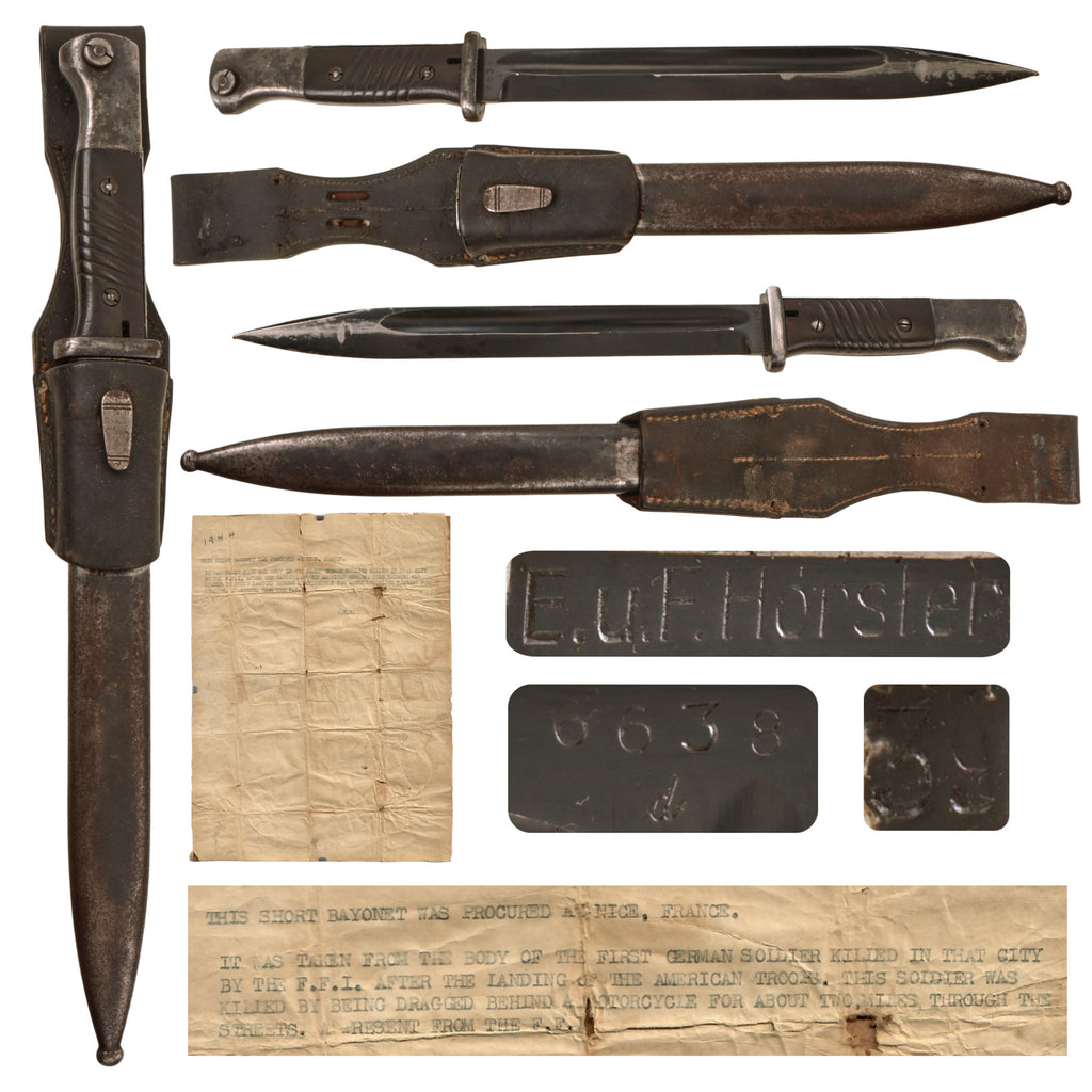 Original German WWII K98 Bayonet Taken from First German Soldier Killed in Nice, France by FFI with Letter of Provenance - Matching Original Items