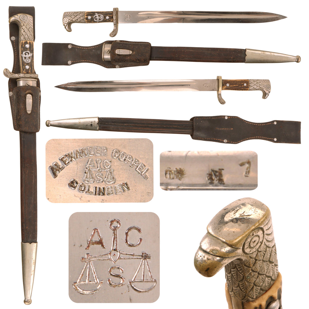 Original German WWII Metropolitan Police Long Dress Bayonet by Alexander Coppel of Solingen with Königsberg District Scabbard and 1938 Dated LBA Frog