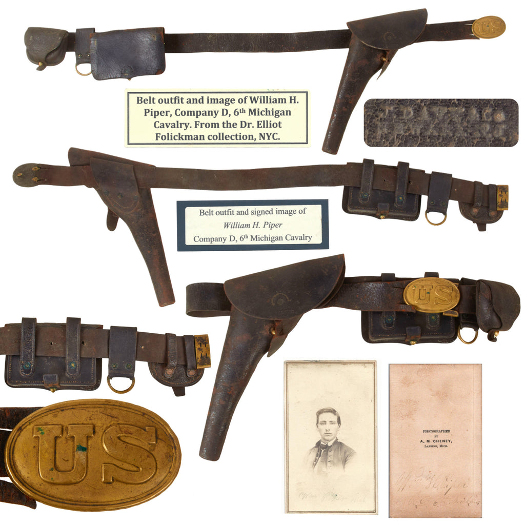 Original U.S. Civil War Revolver Belt Rig Attributed to William H. Piper, 6th Michigan Cavalry with Waistbelt, .44 Holster, Pistol Cartridge Box, Cap Pouch & Field-Made Saber Ring Attachment Original Items