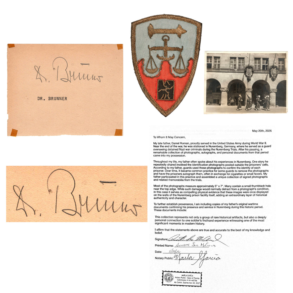 Original Nuremberg Trials Signature of Dr. Karl F. Brunner Acquired Directly from a U.S. Army Guard Who Served at the Nuremberg Prison, 1945-1946
