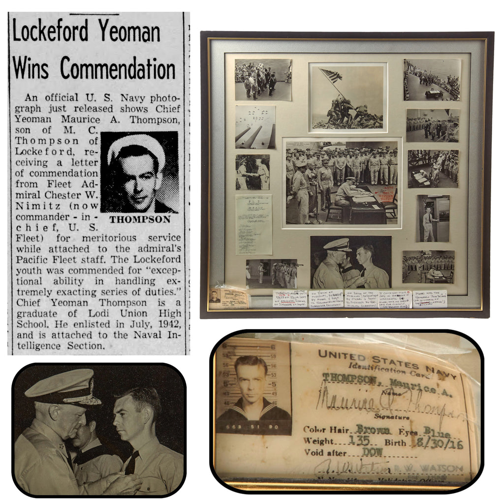 Original U.S. WWII Framed Photograph Set of Signing of Japanese Surrender with Navy ID Card of Maurice A. Thompson who Served on Nimitz’ Pacific Fleet Staff - 23 ¼ x 24 ¼”