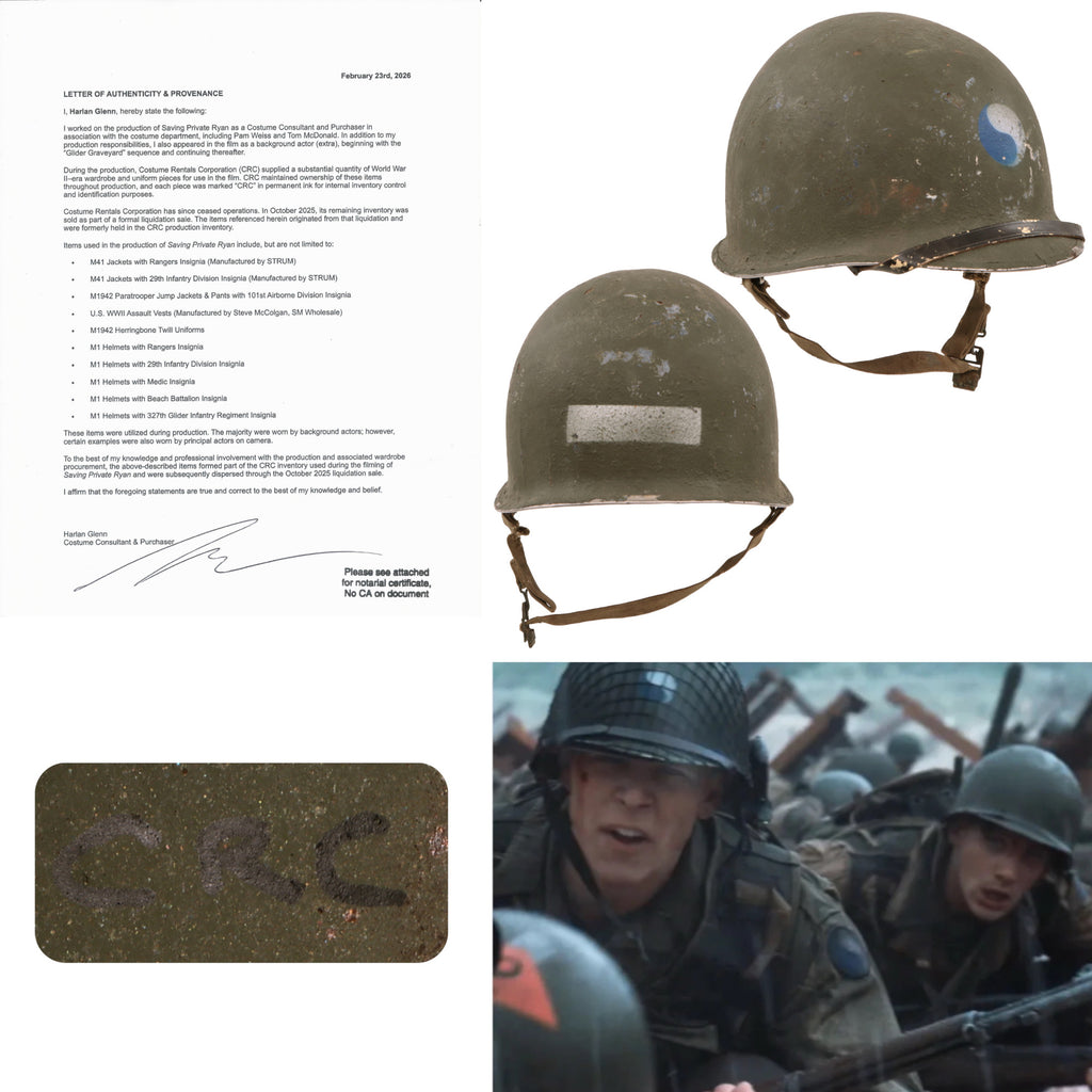 Original U.S. M1 Helmet Used in Saving Private Ryan – 29th Infantry Division – With Copy of Notarized Letter of Authenticity Original Items