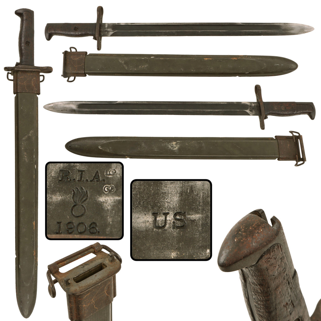 Original U.S. WWI WWII M1905 Springfield 16 inch Rifle Bayonet Marked R.I.A. with WWII M3 USN Mk I Scabbard - Dated 1906