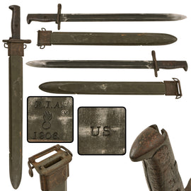 Original U.S. WWI WWII M1905 Springfield 16 inch Rifle Bayonet Marked R.I.A. with WWII M3 USN Mk I Scabbard - Dated 1906