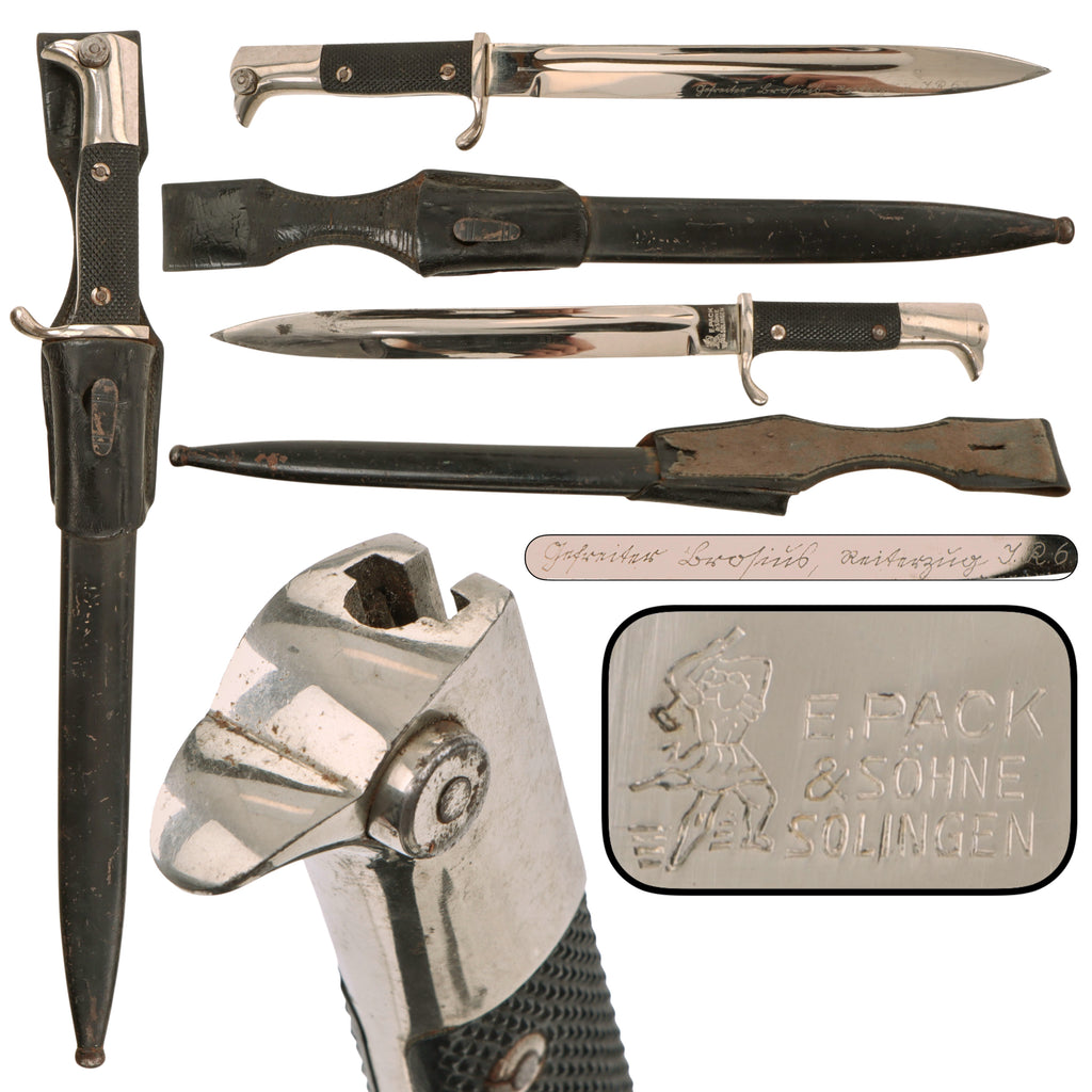 Original German WWII Heer Army Long Dress Bayonet by Ernst Pack & Söhne with Named Engraved Blade, Scabbard, and Dress Frog