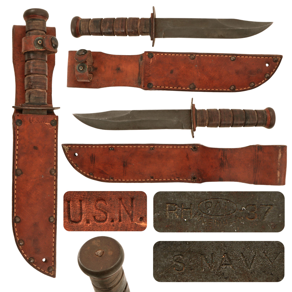 Original U.S. WWII Navy Rare “Red Spacer” Mark 2 KA-BAR Fighting Knife by PAL with Leather Scabbard Original Items
