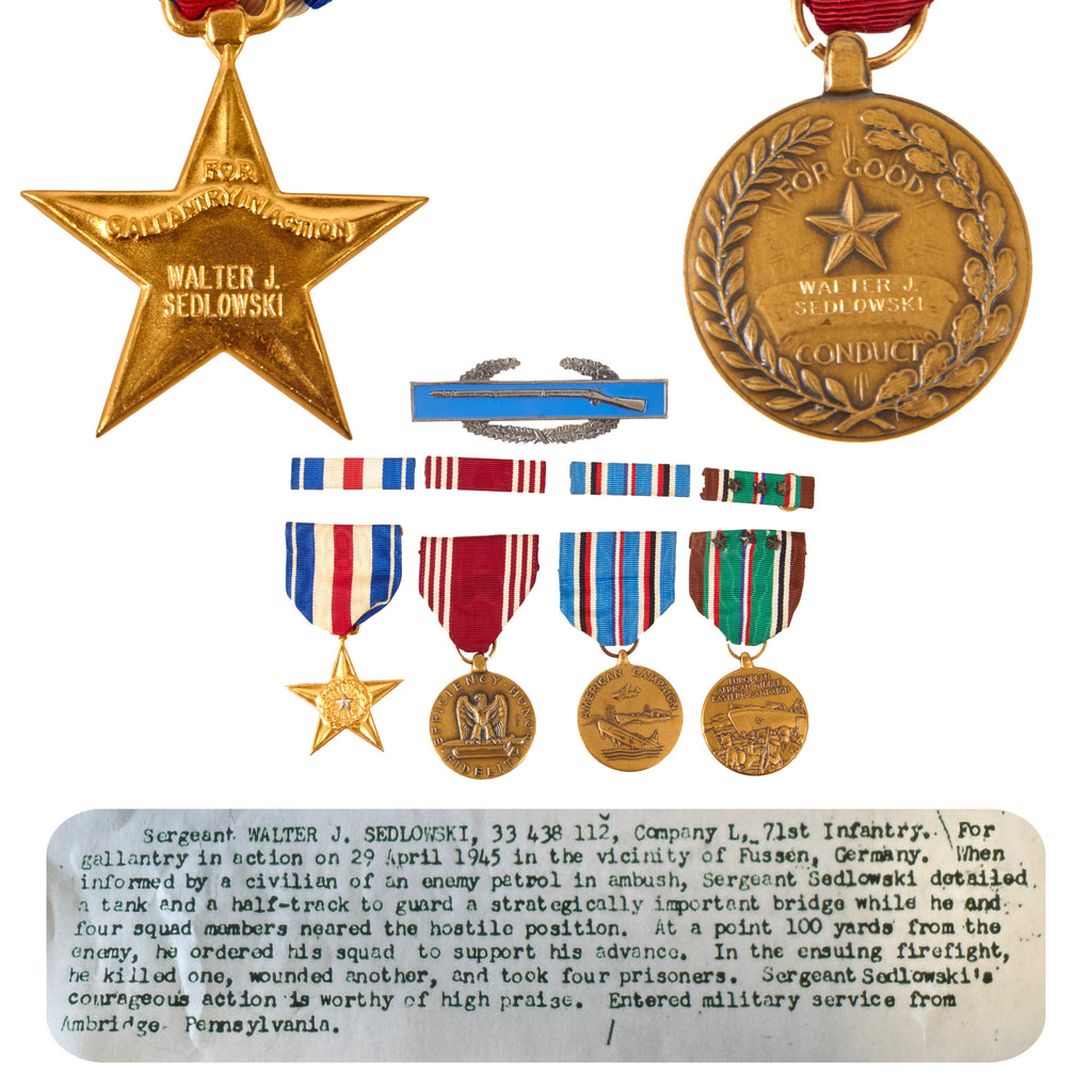 Original U.S. WWII 71st Infantry Regiment Engraved Silver Star & Good Conduct Medal Grouping with Combat Infantryman Badge and Copy of Citation - Walter J. Sedlowski Original Items