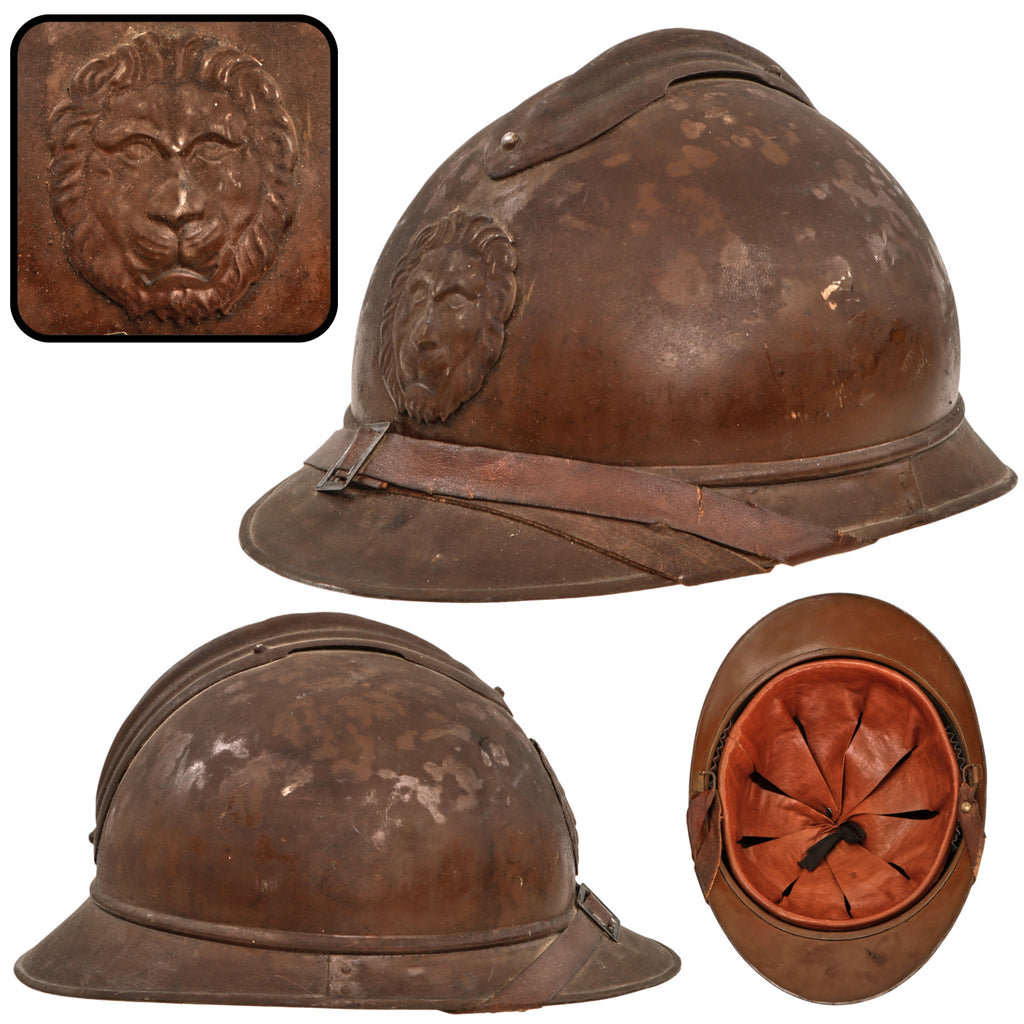 Original Belgian WWI Issue French Model 1915 Adrian Helmet with Lion Head Badge and Chinstrap - Reproduction Liner