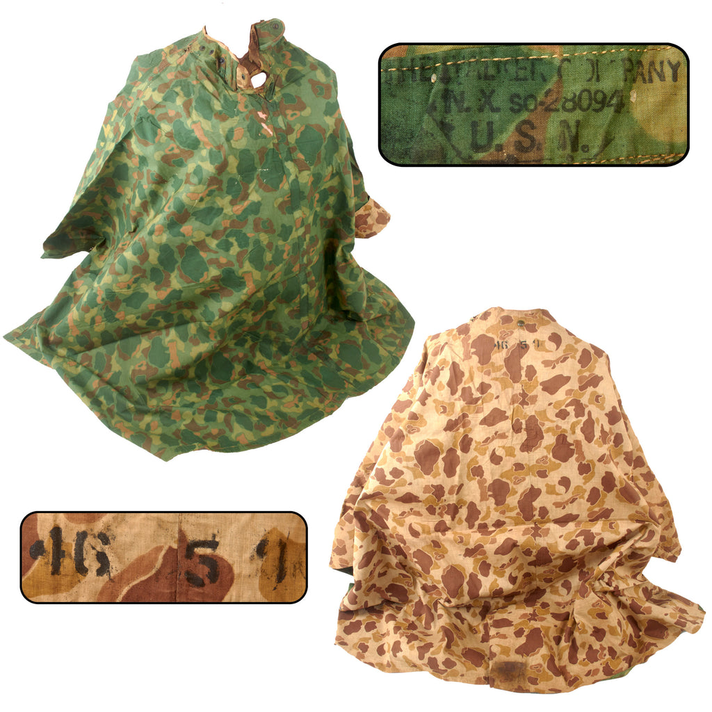 Original U.S. WWII USMC 1944 Dated Shelter Half Poncho with Stenciled Numbers & The Walker Company Contract Stamp - Reversible Camouflage