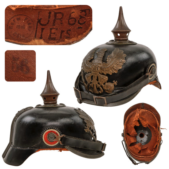Original Imperial German WWI Prussian Unit Marked M1915 EM/NCO Pickelhaube Spiked Helmet with Period Alterations - 6th Rhenish Infantry Regiment No. 68 - Dated 1916 Original Items