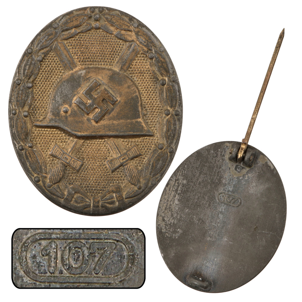Original German WWII Late-War Gold Wound Badge Maker Marked 107 by Carl Wild of Hamburg Original Items