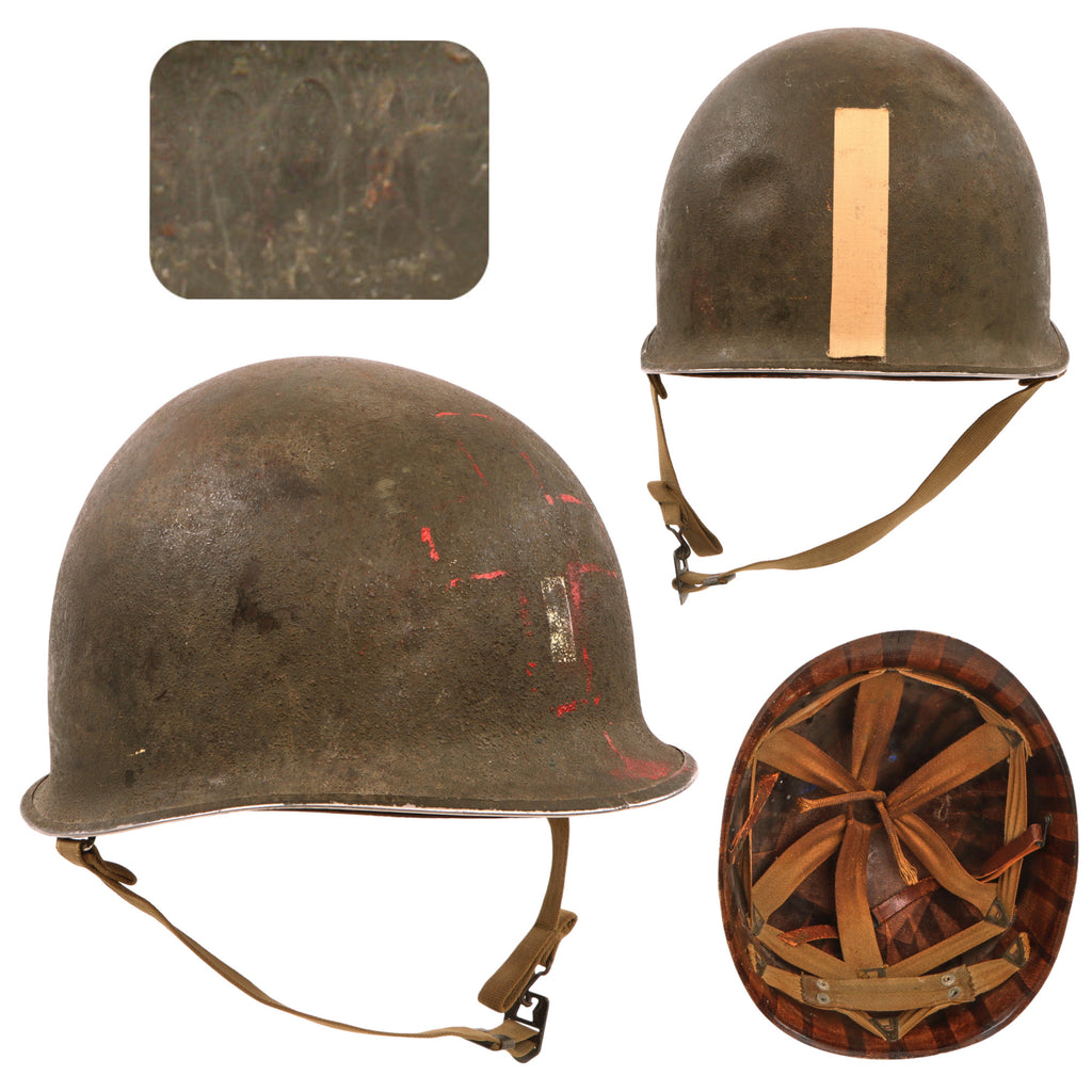 Original U.S. WWII Medic Officer Painted 1943 M1 McCord Front Seam Fixed Bale Helmet With Medical Tape “Follow Me” Stripe & Firestone Liner