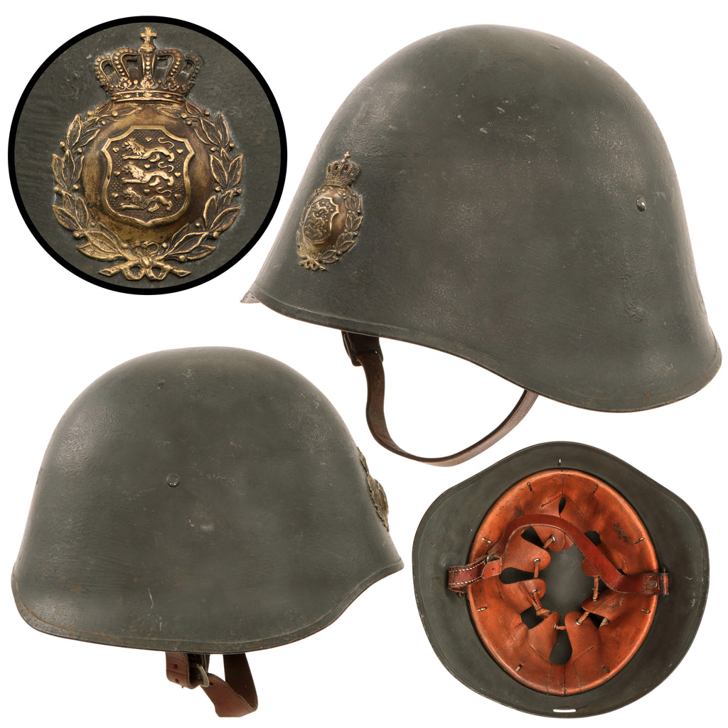 Original Danish WWI Model 1923 Steel Army Helmet with Original Liner & Chinstrap Configuration and Front Badge - Excellent