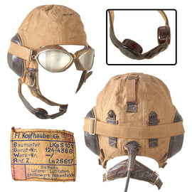 Original German WWII Luftwaffe LKp S101 Summer Flying Helmet with Communications Equipment & Period Flying Goggles - Size 57