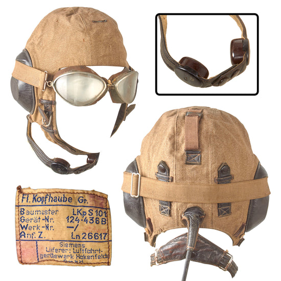 Original German WWII Luftwaffe LKp S101 Summer Flying Helmet with Communications Equipment & Period Flying Goggles - Size 57 Original Items