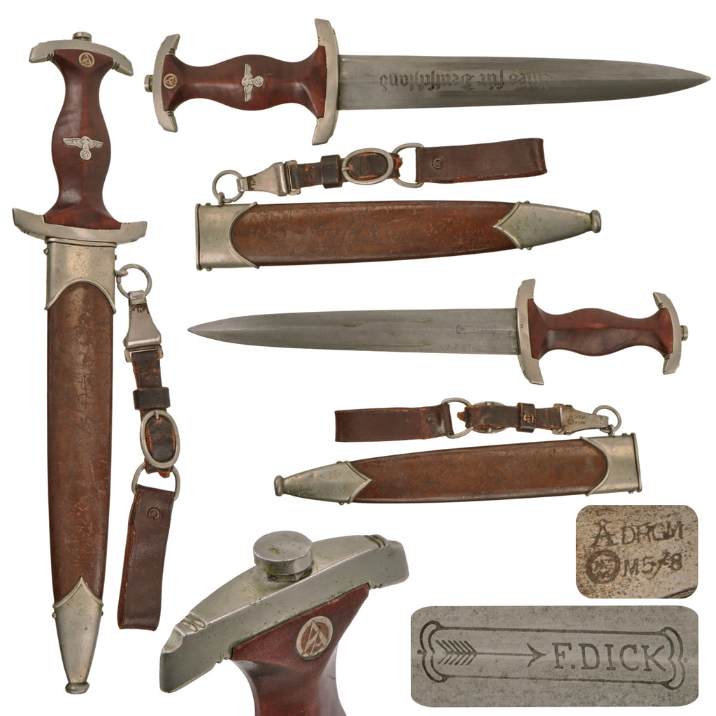 Original German Early WWII SA Dagger by Paul F. Dick of Esslingen with Scabbard, Hanger, and Belt Loop Original Items