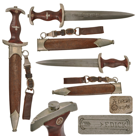 Original German Early WWII SA Dagger by Paul F. Dick of Esslingen with Scabbard, Hanger, and Belt Loop Original Items