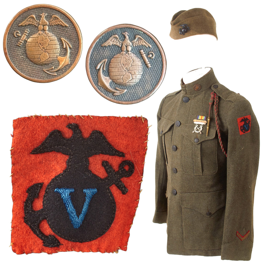 Original U.S. WWI 3rd Battalion, 11th Marine Regiment USMC P1917 Marine Corps Forest Green Uniform Tunic with Rare Collar Discs & Overseas Cap with EGA Device Original Items