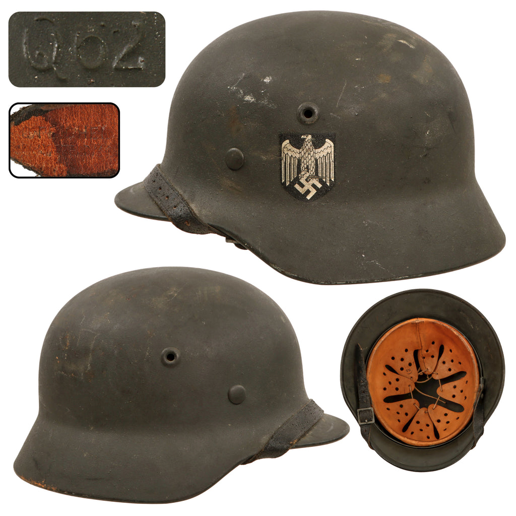 Original German WWII Heer Army M40 Single Decal Steel Helmet with 55cm Liner & 1941 Dated Chinstrap - Q62 Original Items