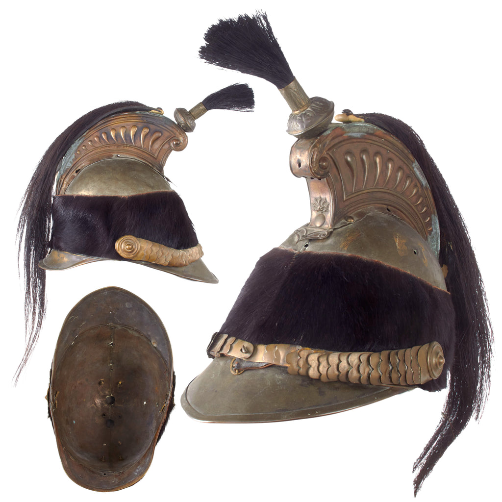 Original French Model 1874 Steel and Brass Cuirassier Dragoon Helmet with Horsehair Tail & Pony Skin Band