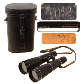 Original German WWII Hensoldt-Wetzlar 7x56 Nacht-Dialyt Binoculars with 1944-Dated Case and Leather Neck Strap - Rare