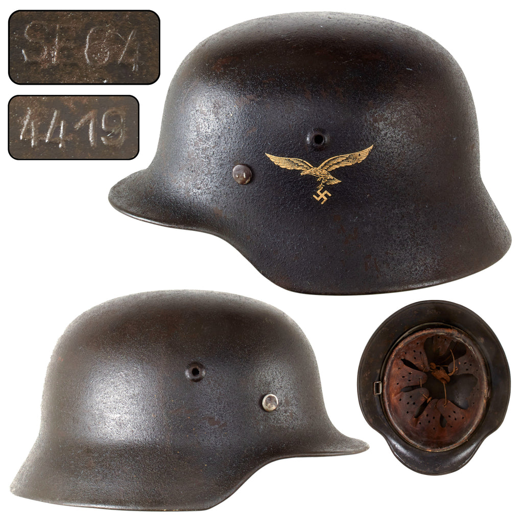 Original German WWII Luftwaffe Single Decal M40 Steel Helmet with 1943 Dated 56cm Liner, Stamped SE64, Lot No. 4419