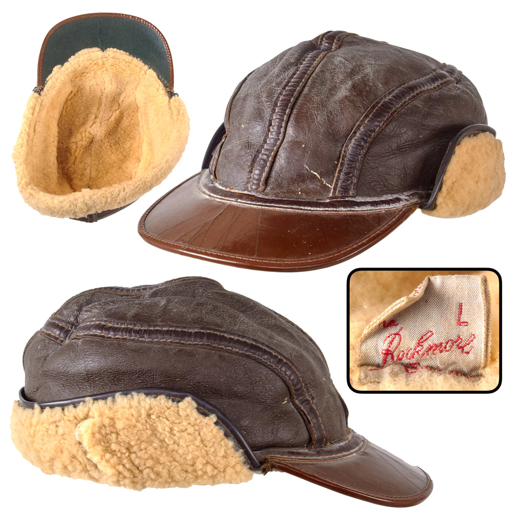 Original U.S. WWII-Era B-2 Style Shearling Leather Winter Flying Cap by Rocky Sportswear - Size Large [Modern Small]
