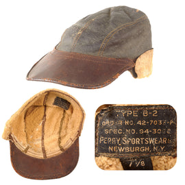 Original U.S. WWII Army Air Forces B-2 Gunner & Air Crew Shearling Leather Billed Cap by Perry Sportswear - Size 7 ⅛