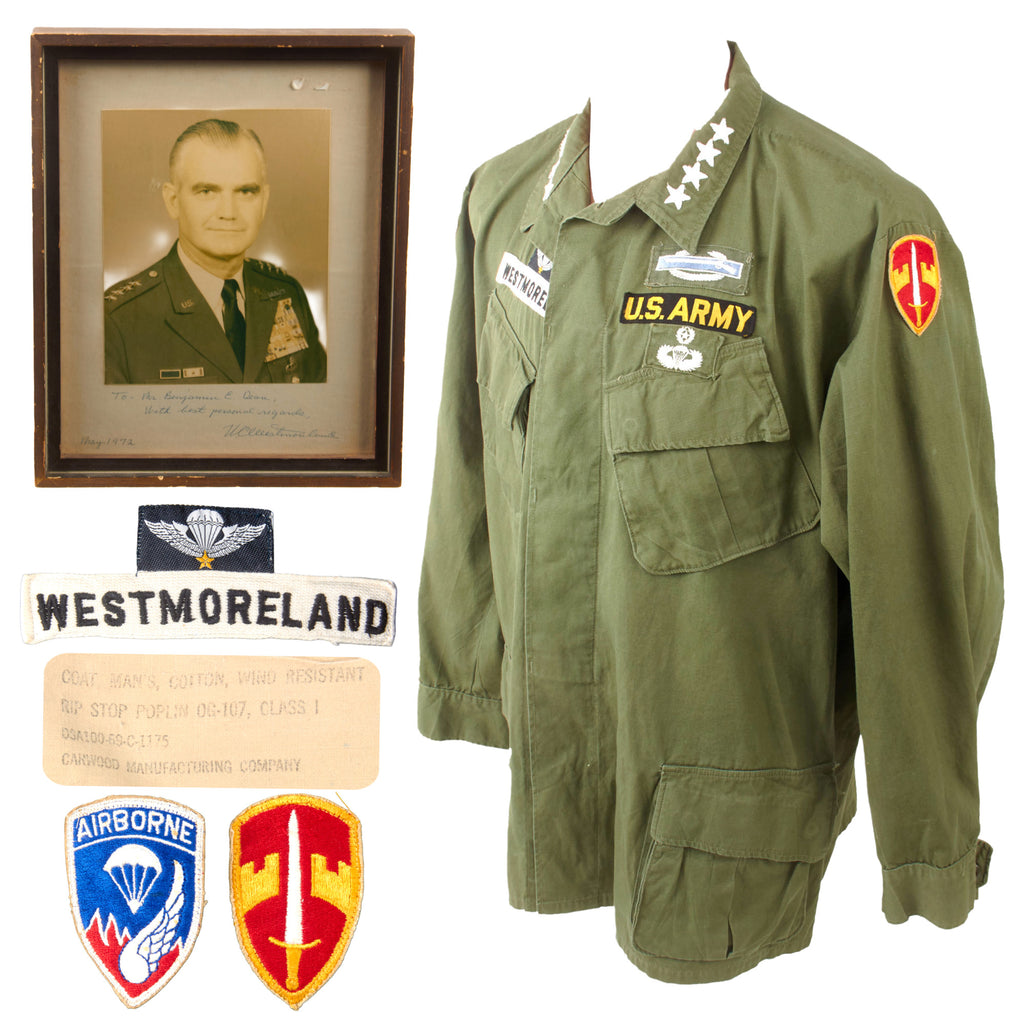 Original U.S. Vietnam War General William Westmoreland’s OG-107 Poplin Ripstop Jungle Jacket with Framed Signed Photograph - Dated 1969