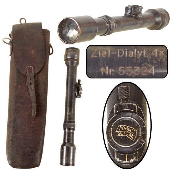 Original German Pre-WWII Hensoldt Wetzlar Ziel-Dialyt 4x Sporting Rifle Scope in Leather Case - Serial Nr. 55324 Original Items