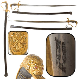 Original Imperial German WWI Artillery Officer’s Lion Head Sword with Ruby Eyes & Scabbard by Weyersberg Kirschbaum & Cie