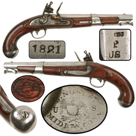 Original U.S. Model 1819 .54 Caliber Flintlock Pistol by Simeon North of Middletown, Connecticut, Dated 1821, Unconverted