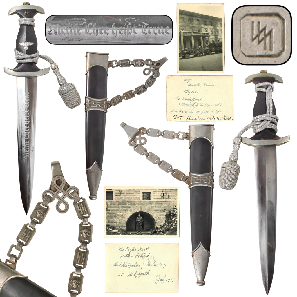 Original German WWII May 1945 Munich Führerbau Recovered Complete Model 1936 Officer Chained SS Dagger with Notarized Provenance from Captain Abraham Epstein - 1269th Engineer Combat Battalion