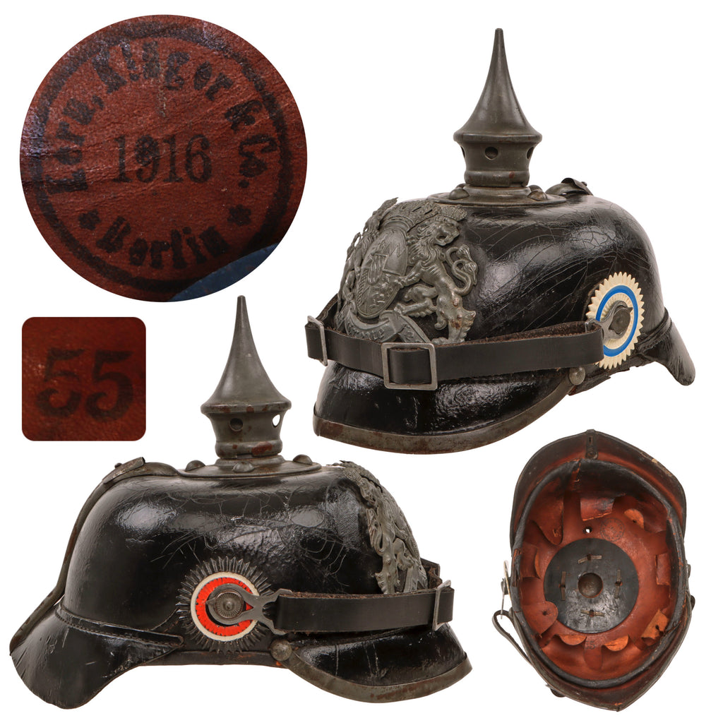 Original Imperial German WWI Bavarian EM/NCO M1915 Pickelhaube Spiked Helmet by Berlin Maker - Dated 1916 Original Items