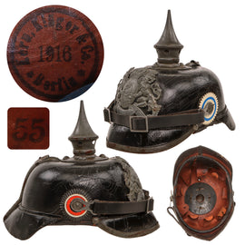 Original Imperial German WWI Bavarian EM/NCO M1915 Pickelhaube Spiked Helmet by Berlin Maker - Dated 1916