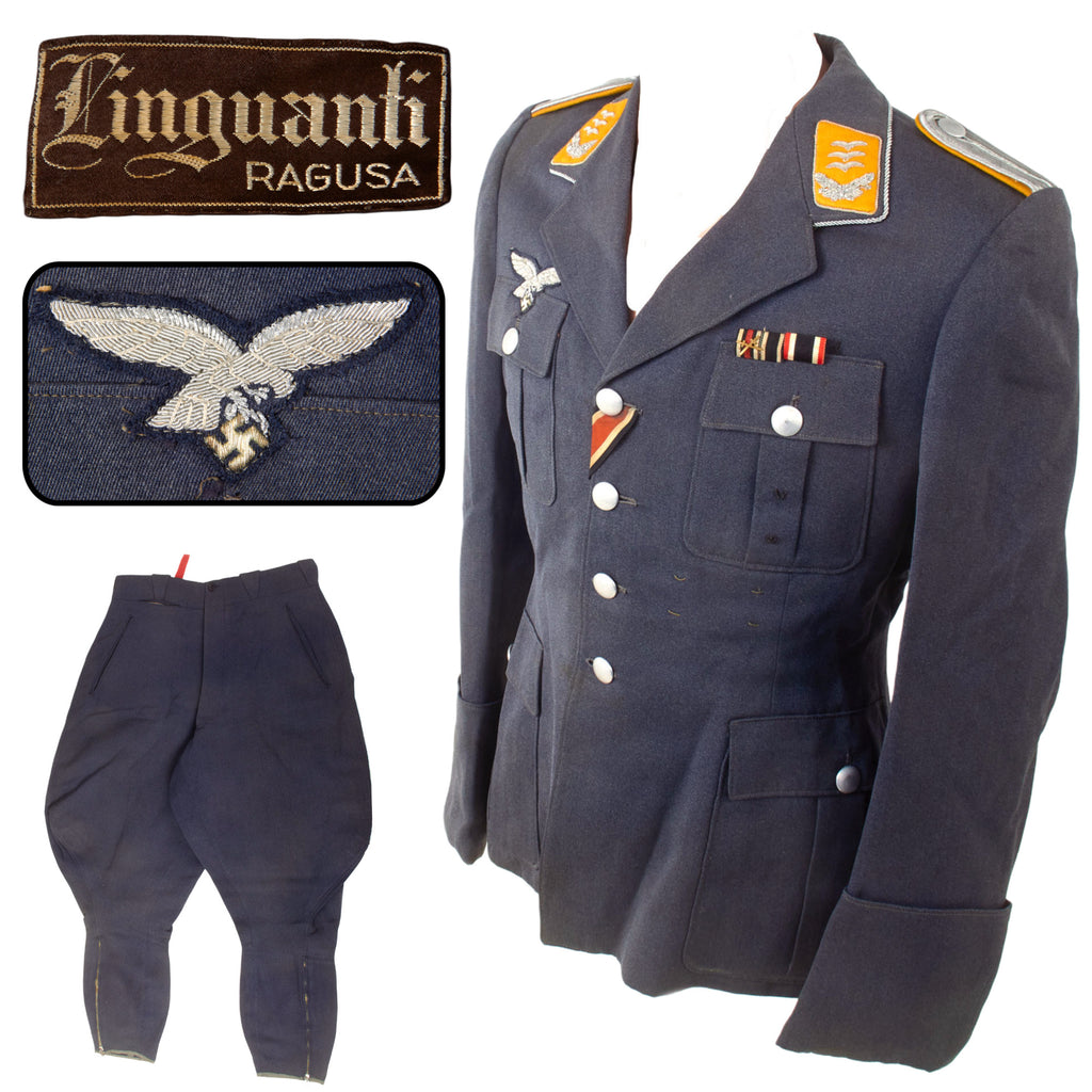 Original German WWII Italian-Made Luftwaffe Flight Branch Leutnant / Hauptmann Officer Fliegerbluse Uniform Tunic with Breeches & Ribbons Original Items