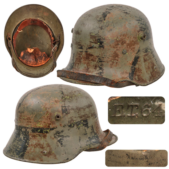 Original Imperial German WWI M16 Stahlhelm Helmet with Overpainted Panel Camouflage Paint, Partial Leather Liner & Chinstrap - Marked ET64
