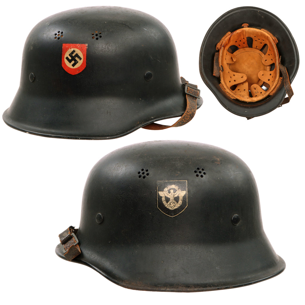 Original German WWII M34 Square Dip NSDAP Double Decal Civic Police Steel Helmet with 57cm Liner & Torn Chinstrap - Ordnungspolizei Original Items