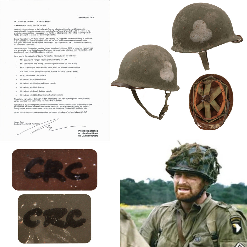 Original U.S. M1 Helmet Used in Saving Private Ryan – 327th Glider Infantry Regiment, 101st Airborne Division – With Copy of Notarized Letter of Authenticity Original Items