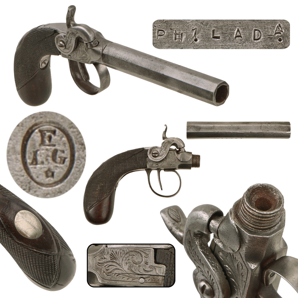 Original Victorian Era Belgian "PHILADA" Marked Side Hammer Percussion Vest Pistol with Bag Grip & Liège Proof - Circa 1850 Original Items